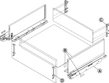 Cajón con carril del armario Blumotion S (amortiguación integrada) o con el carril del armario Tip-On (mecanismo de apertura integrado)