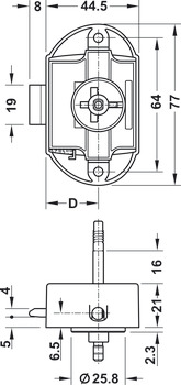 Cerradura de varilla giratoria, Häfele Push-Lock, medida de la espiga 25 mm, accionable por ambos lados