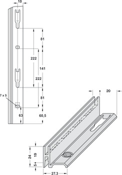 Carril de deslizamiento con perforaciones, Sistema vertical NB, de 1 hilera para la terminación lateral