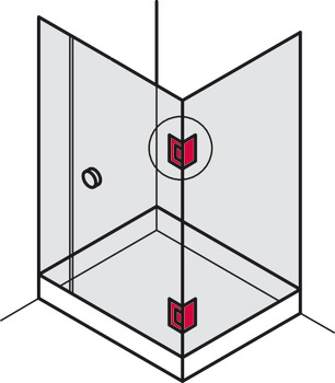Bisagra de la puerta de la ducha, para conexión vidrio-vidrio, frente de vidrio a 90°