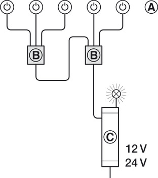Interruptor caja múltiple, Häfele Loox para el control de la fuente de alimentación sin conexión cruzada (circuito O)