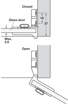Bisagra de puerta de cristal, Ángulo de apertura 170°, tope interior