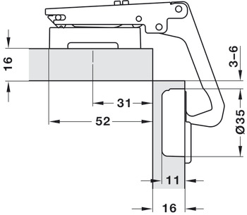 Bisagra de cazoleta, Häfele Metalla 510 A/SM 70°, para aplicaciones para armario de rincón, tope de esquina